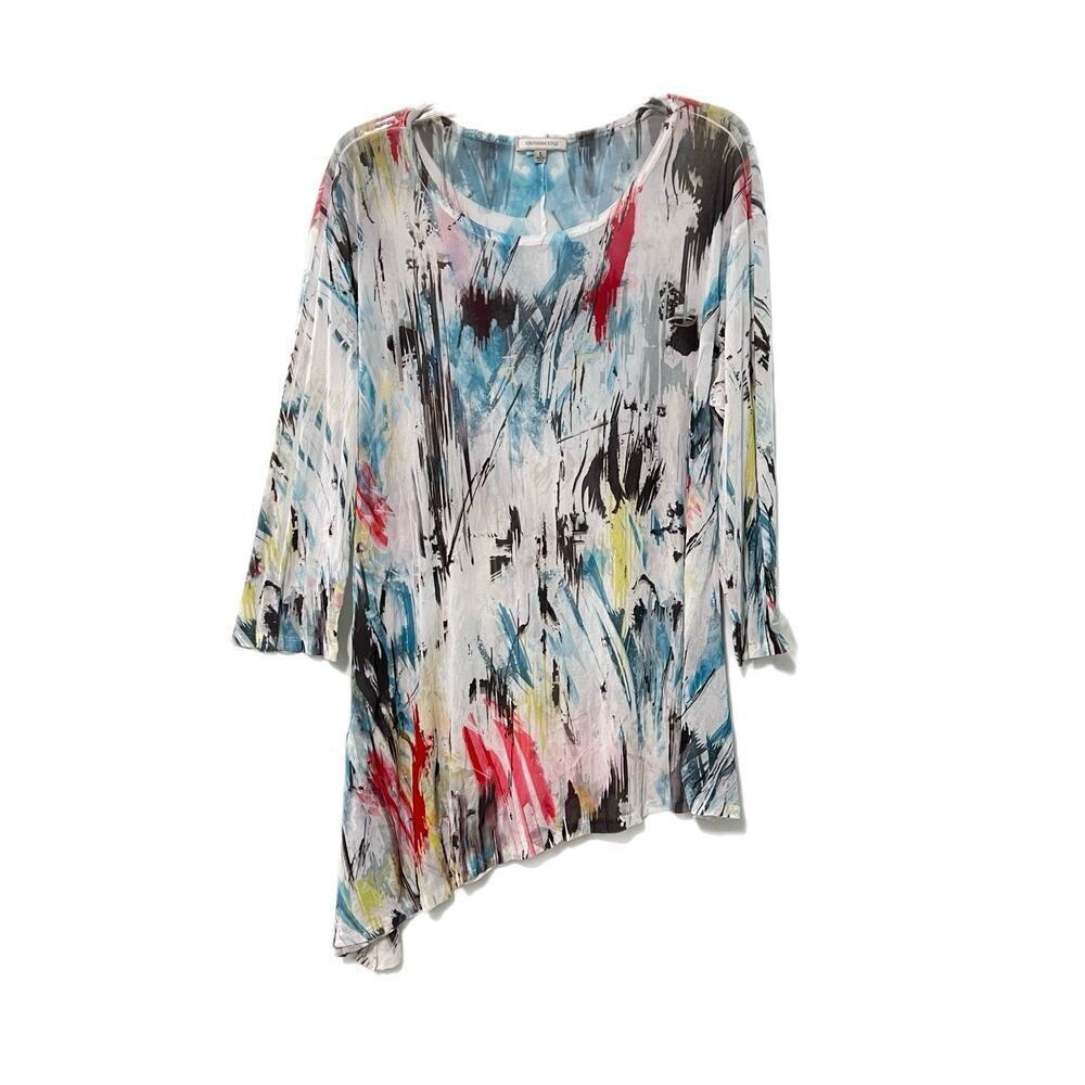Southern Style Tunic Top Size Large Sheer Handkerchief Hem Watercolor Stretch